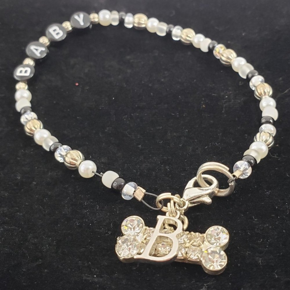 Personalized Dog Cat Collar Necklace Pearl, Silver & Black Beads